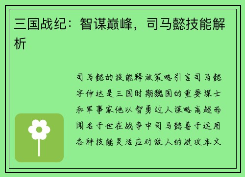 三国战纪：智谋巅峰，司马懿技能解析